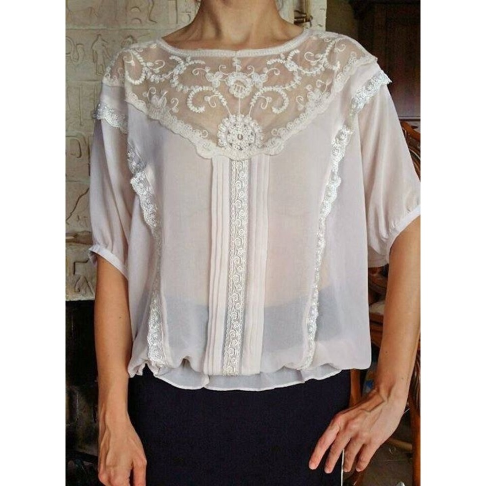 Costa Blanca Blouse Womens S Pink Lace Trim Sheer Pintuck Romantic Coquette
